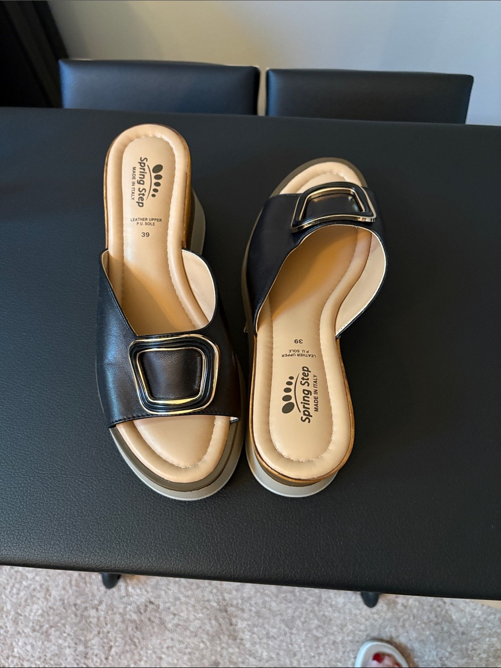 Spring Step Black Slide Sandals with Decorative Gold Buckle